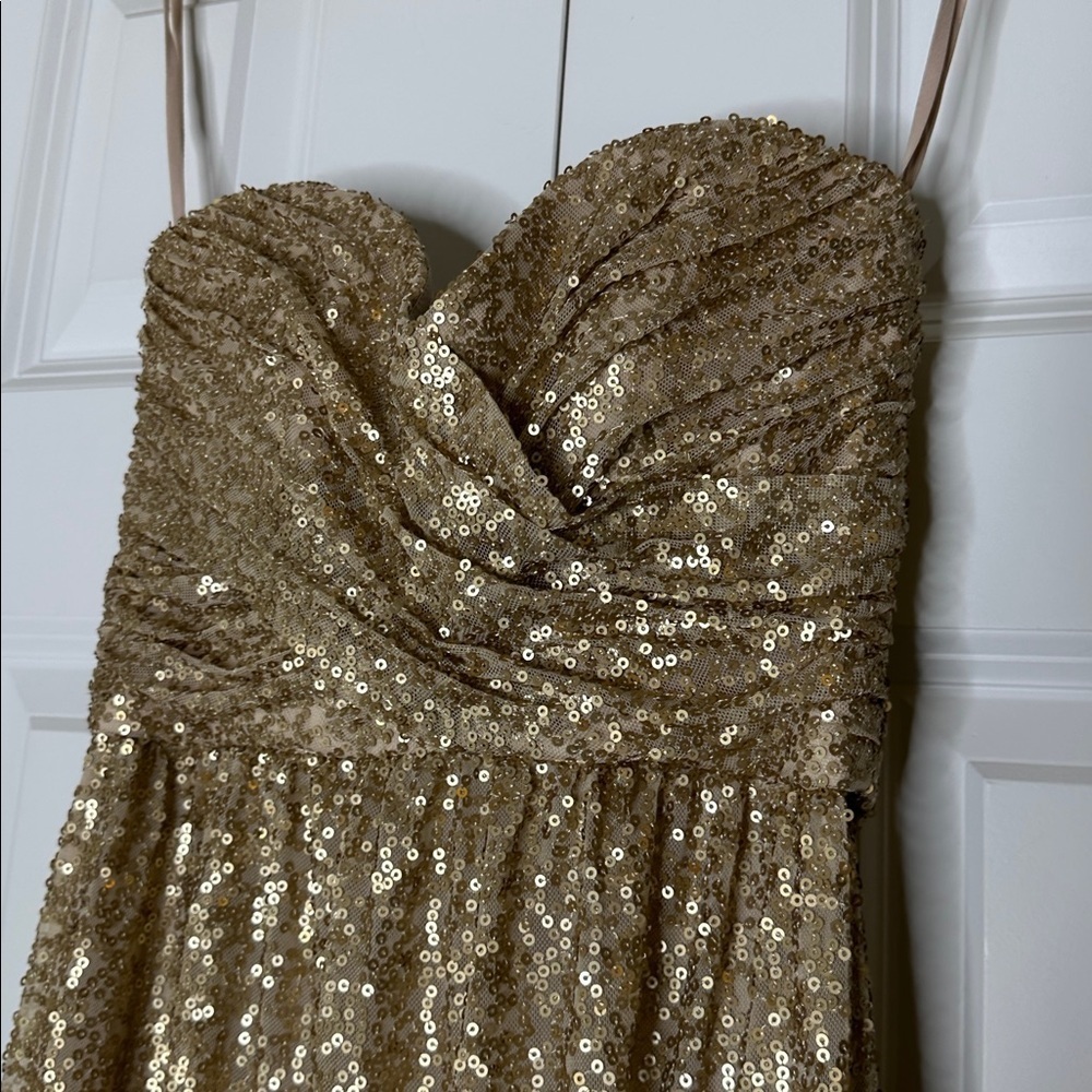 Amsale Gold Sequin Strapless Gown Formal Maxi Dress Bridesmaid Sz2 - Picture 3 of 5